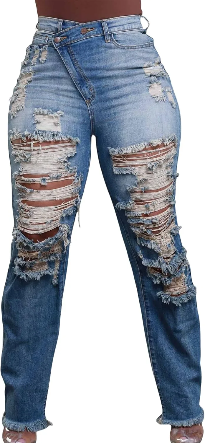 

Женские рваные джинсы с асимметричным кроем, высокая талия, прямой крой, эффект потертости, stretch denim Symina