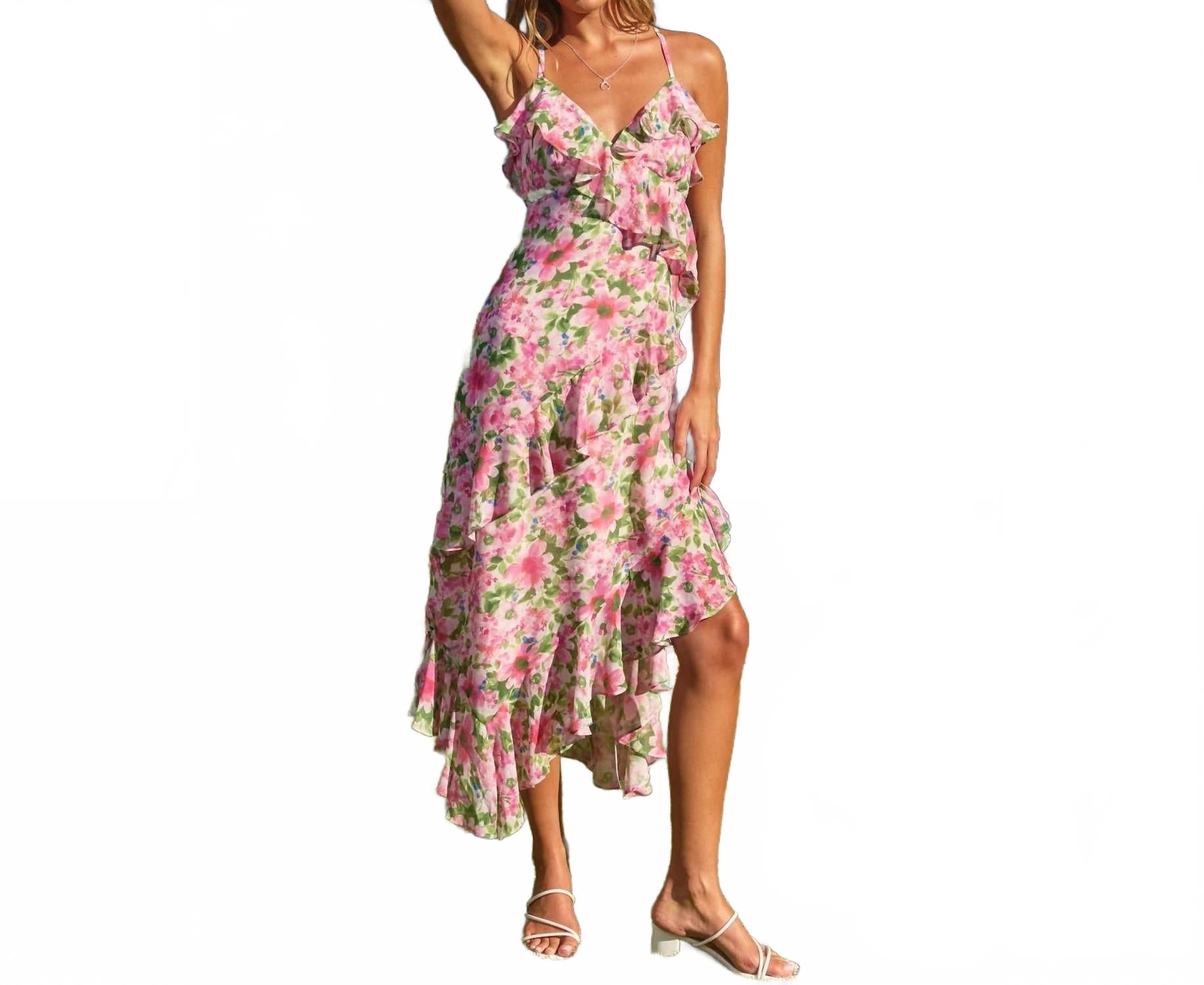

Розовое диагональное платье миди с рюшами DRESS FORUM