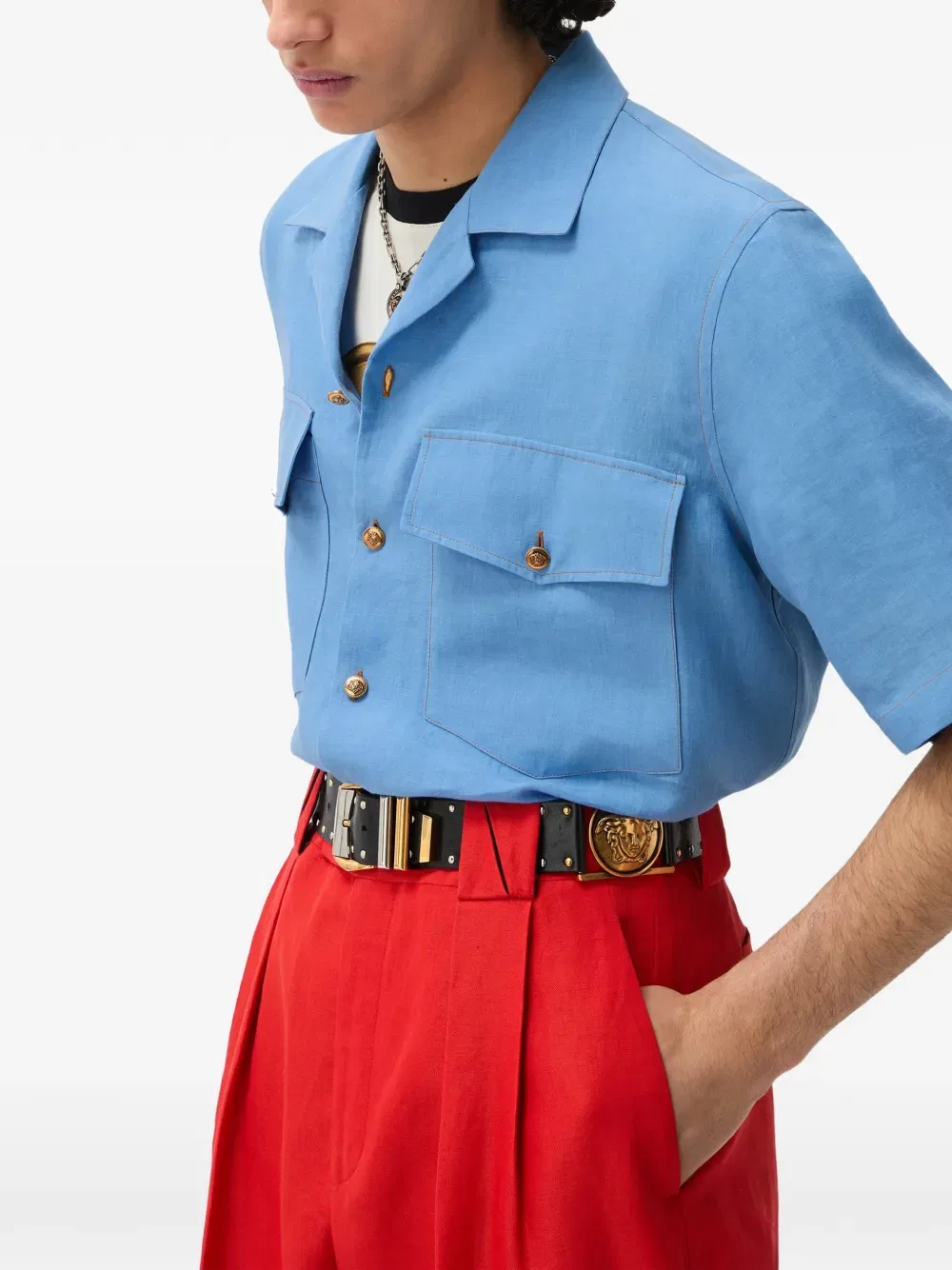 Льняная рубашка Versace, синий — фото 4