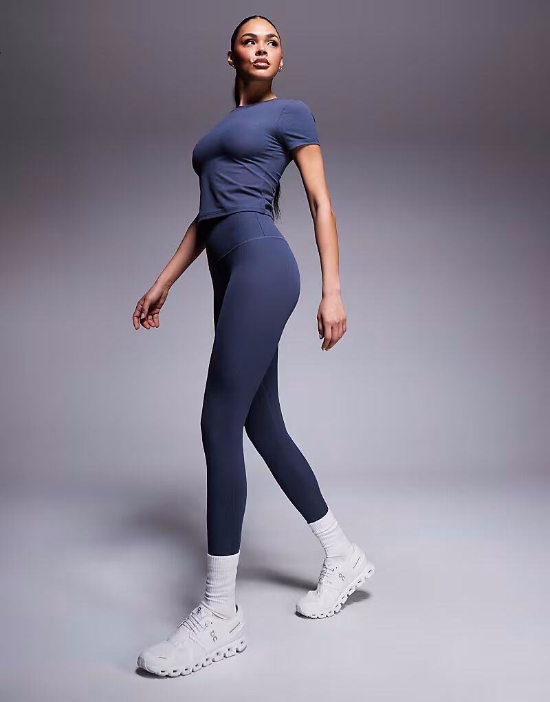 

4505 мягкие спортивные леггинсы с высокой талией в рубчик, сине-серого цвета