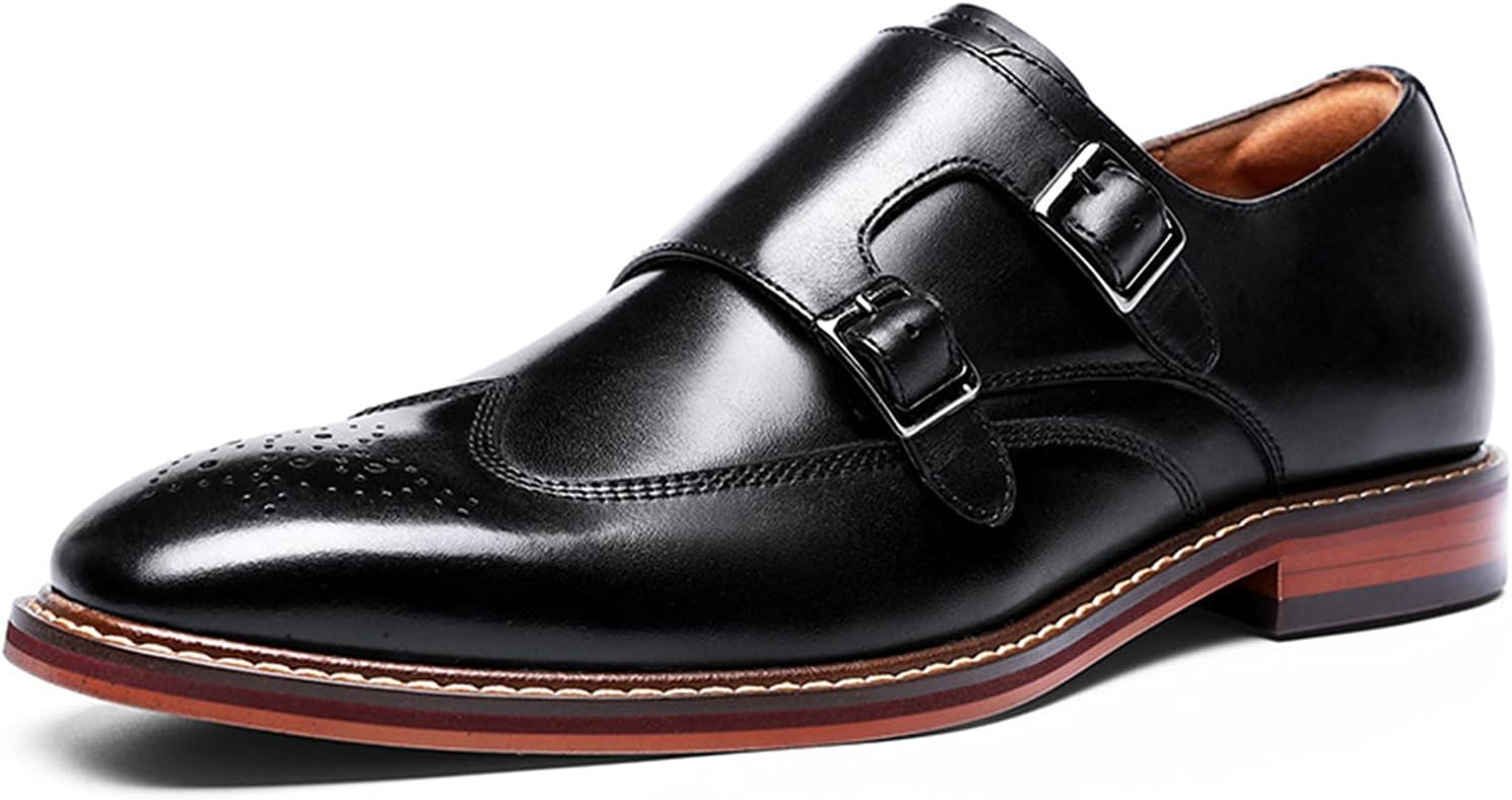 

Мужские классические туфли с двойной пряжкой Monk, кожаные, с ремешком, без шнурков, с крыльями и перфорацией, свадебные и повседневные туфли-лодочки, черные - US7/UK6/EU39 Wknbeu