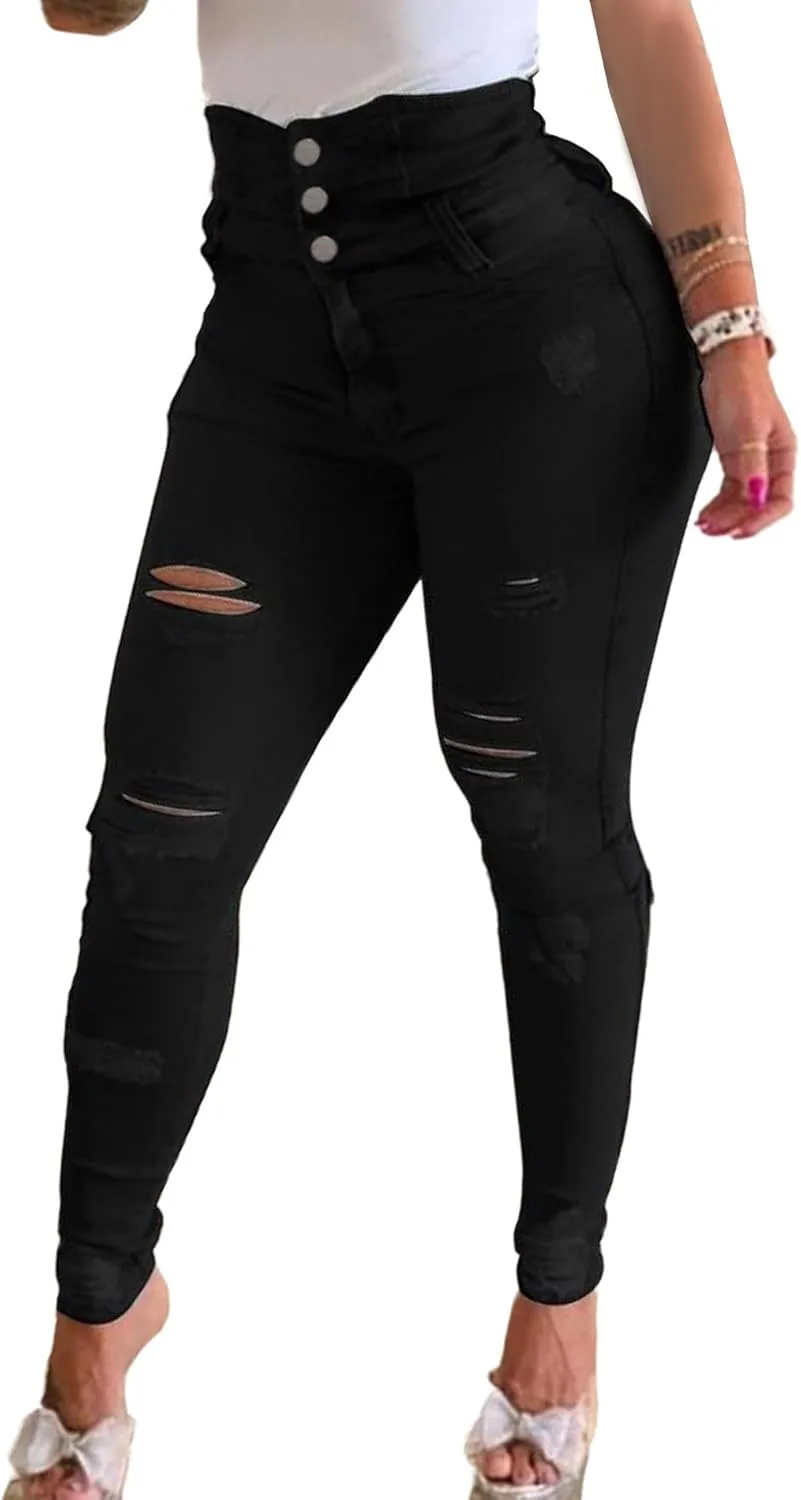 

Женские рваные джинсы Sexyshine Curvy с высокой талией и эффектом контроля живота