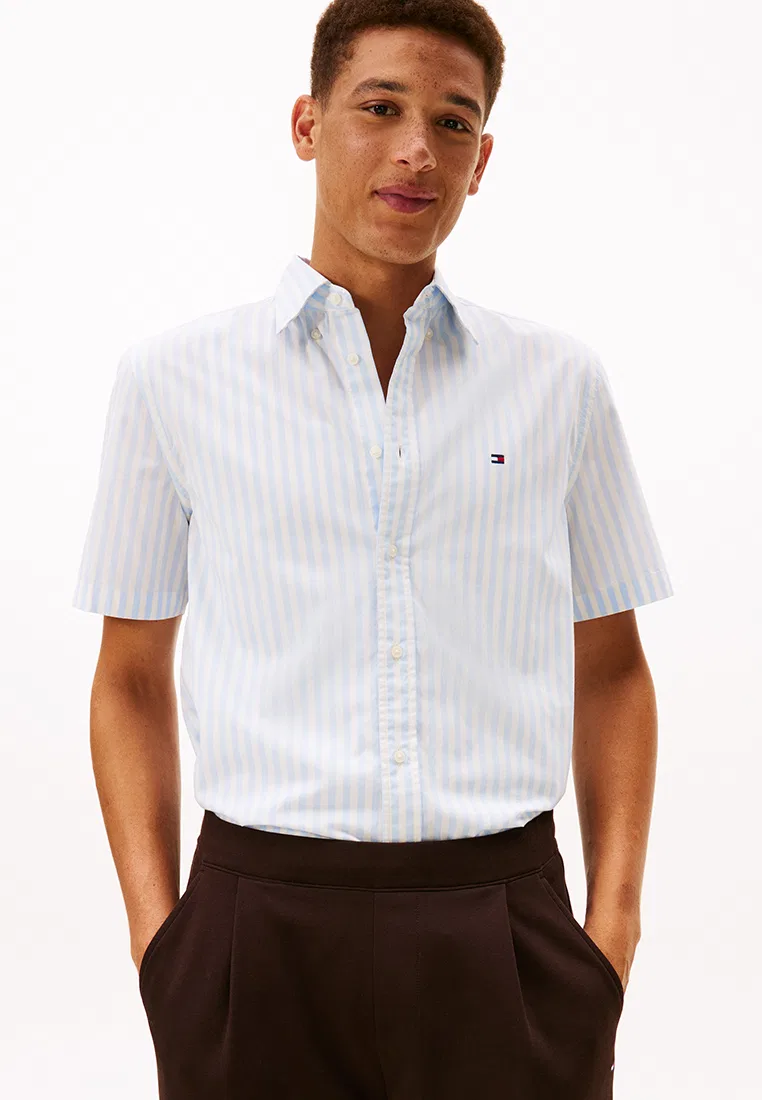 Рубашка с коротким рукавом, полоска, Flex Poplin Stripe, TH Mainline Tommy Hilfiger, синий