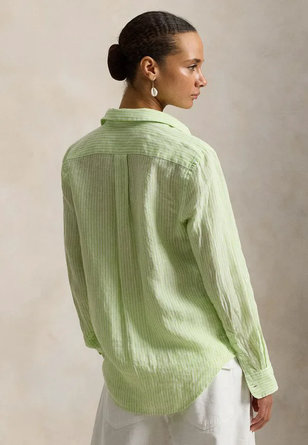 Классическая полосатая льняная рубашка-блузка на пуговицах Polo Ralph Lauren, Electric Lime White — фото 3