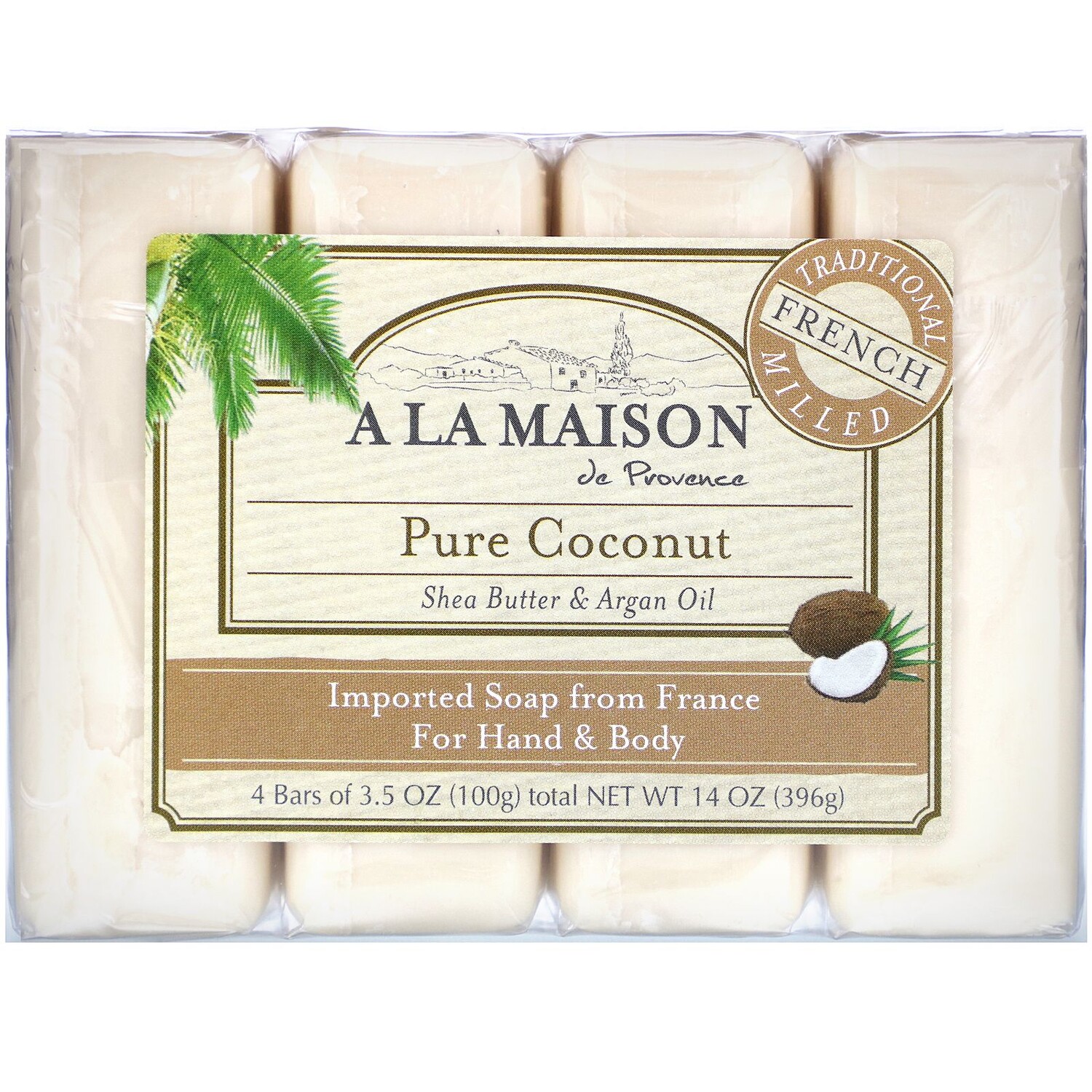 

A La Maison de Provence Мыло для рук & тела Чистый кокос 4 бруска по 3.5 унции