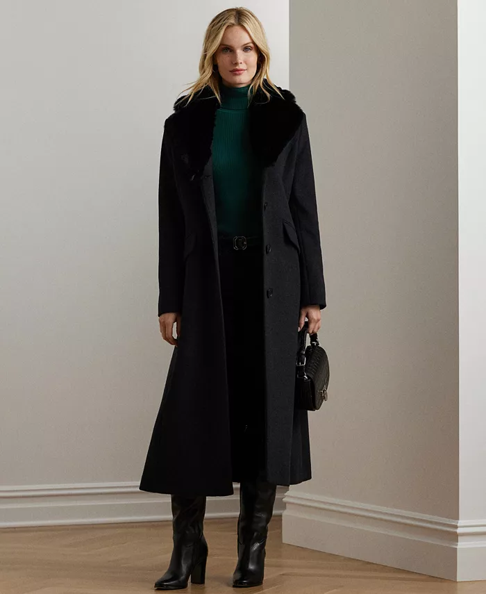 

Женское однобортное пальто с воротником из искусственного меха Lauren Ralph Lauren, черный