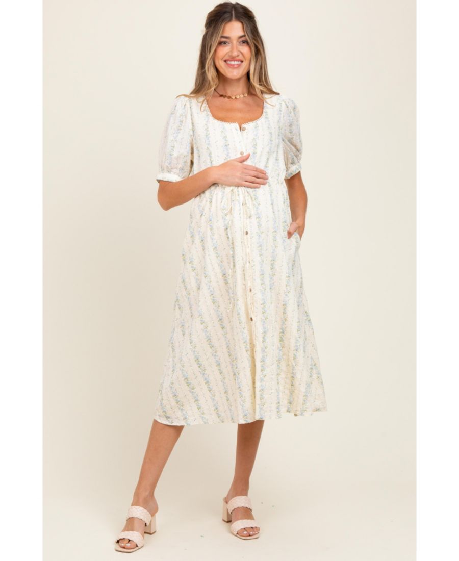 

Платье-миди для беременных, светло-голубое, с цветочным принтом в горошек, на пуговицах Pinkblush, Light blue