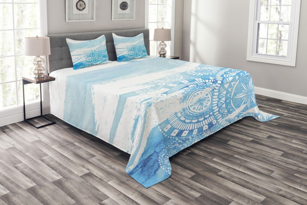 

ABAKUHAUS Винтажное синее покрывало, кружево с мазками, комплект с моющимися наволочками, для односпальных кроватей 220 x 220 см, синий и нежно-голубой