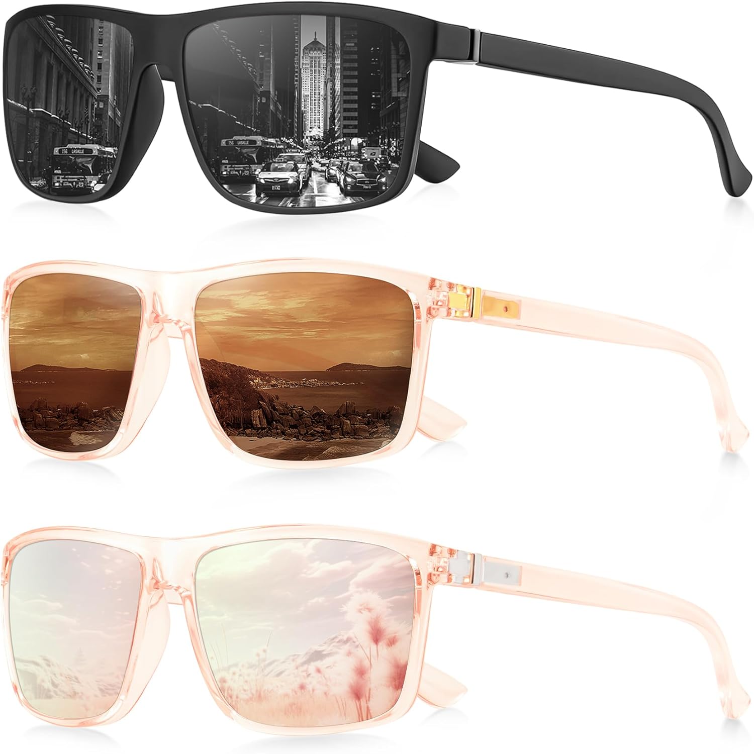 

Мужские поляризованные солнцезащитные очки NSSIW: классические солнцезащитные очки с защитой UV400 для вождения, рыбалки, гольфа, комплект из 3 штук, Black+translucent Brown+light Pink