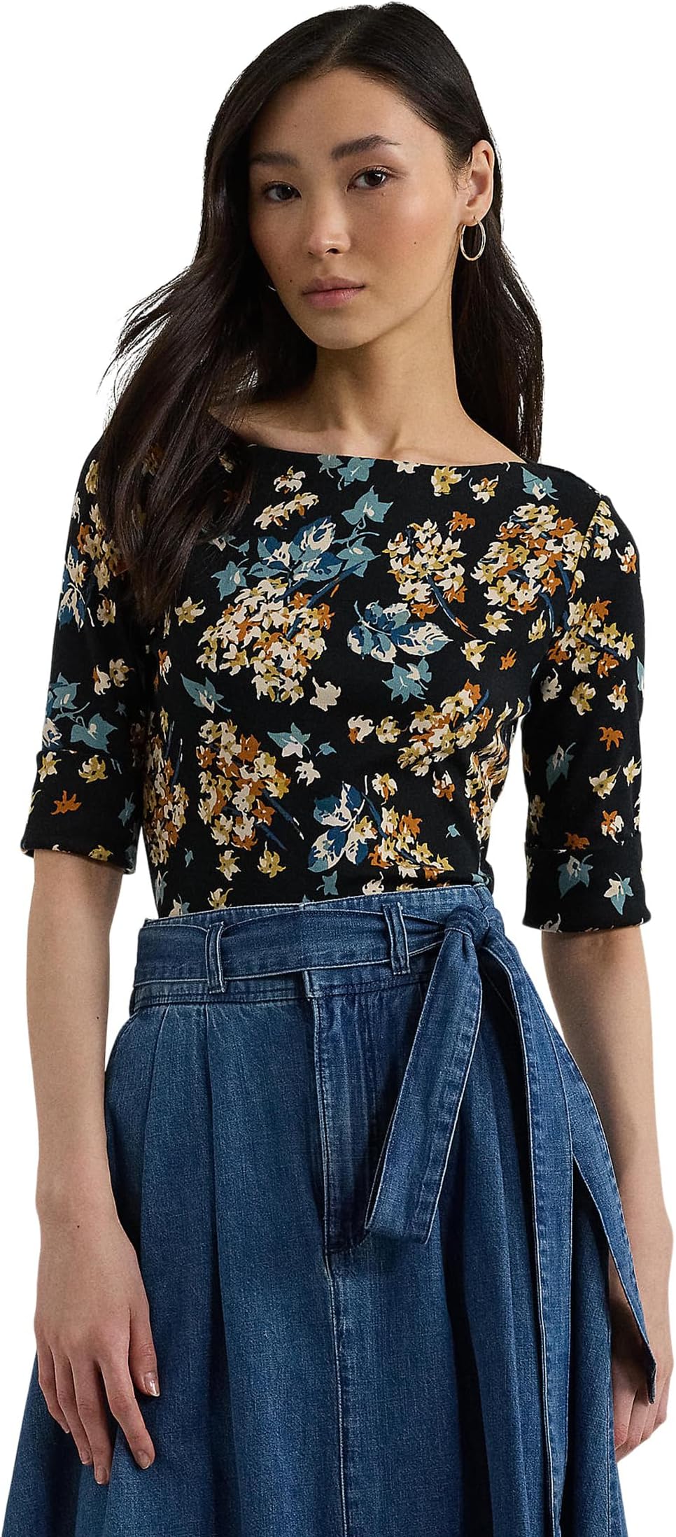 

Футболка Lauren Ralph Lauren Petite Floral Stretch Cotton Boatneck Tee, цвет Black Multi