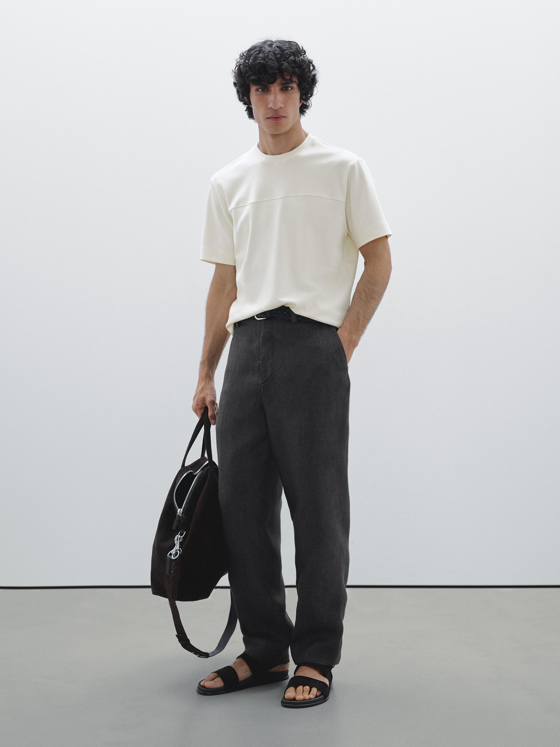 

Футболка из 100% хлопка с декоративными швами Massimo Dutti, кремовый