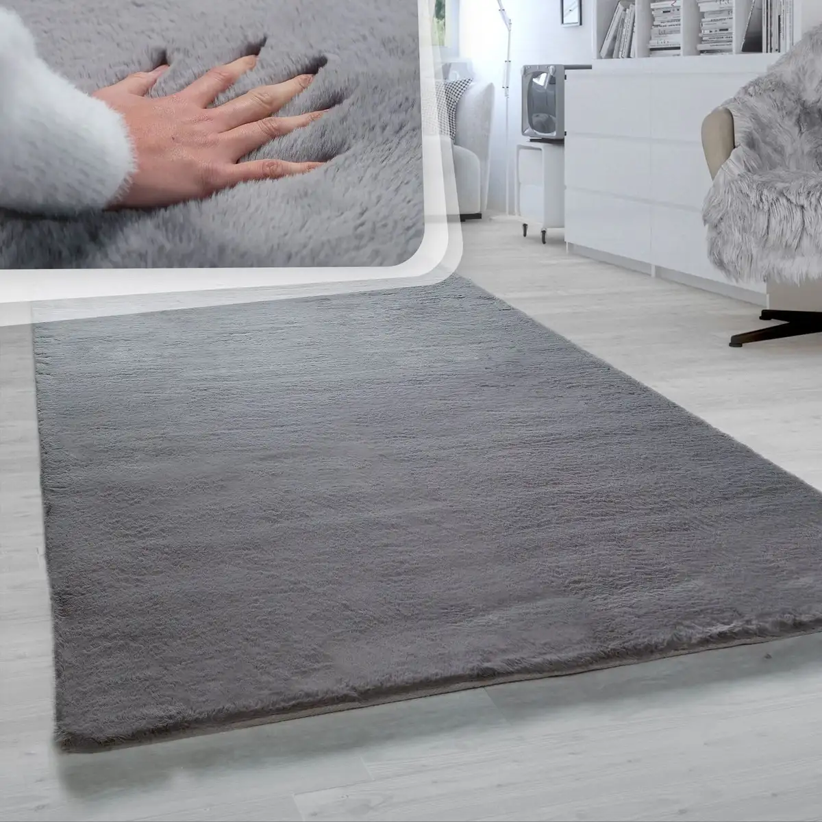 

Меховой ковер Paco Home "Rabbit 780", овальный, искусственный мех, ощущение кроличьего меха, настоящий приятный ковер, однотонные цвета 180х200 см, цвет anthrazit