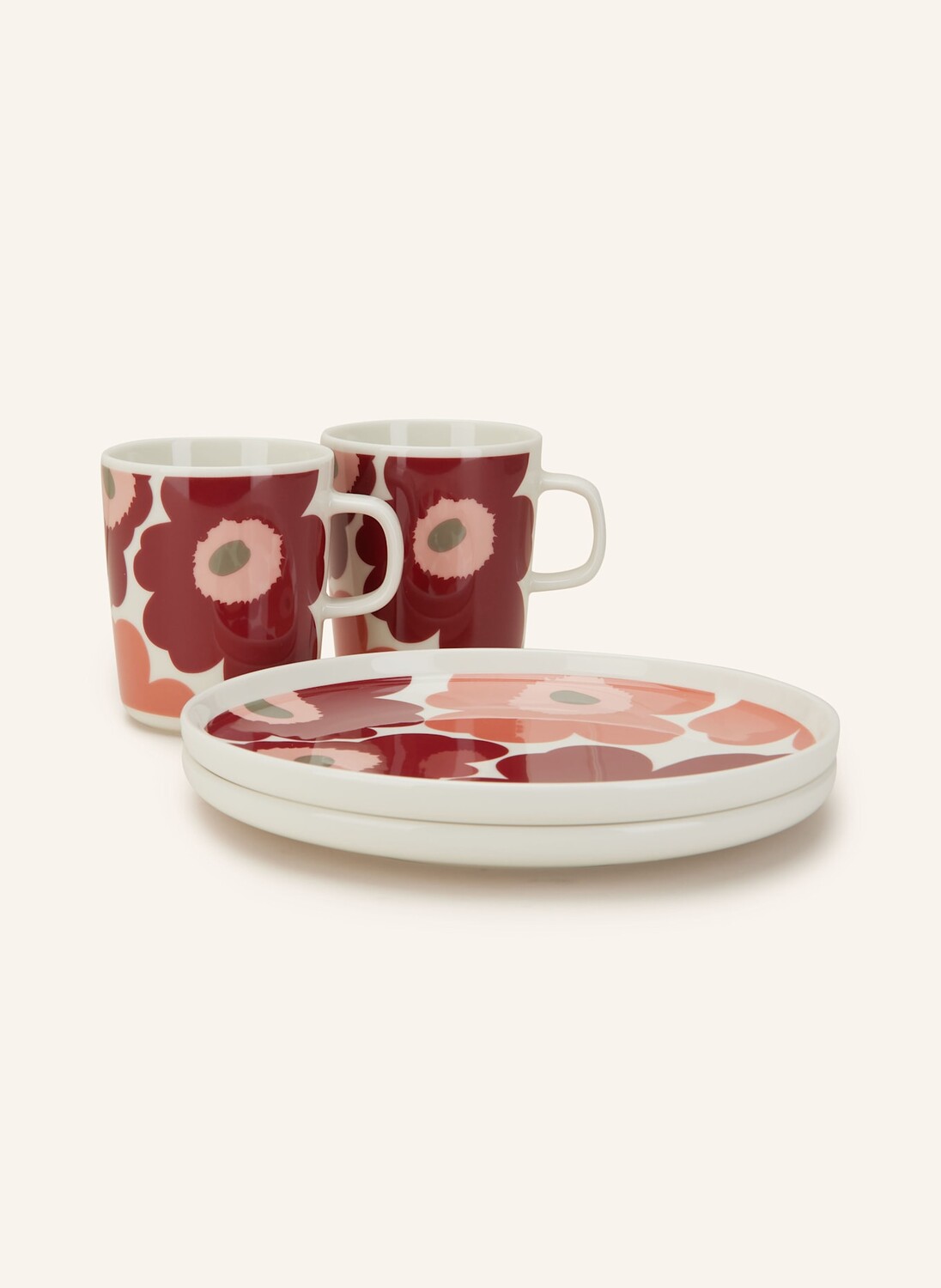 

4-tlg. Set OIVA/UNIKKO: Кружка Marimekko und Dessertteller, цвет weiss/dunkelrot/lachs