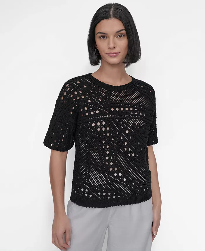 

Женский хлопковый короткий кардиган с рукавами 3/4 и вязаным узором DKNY, черный