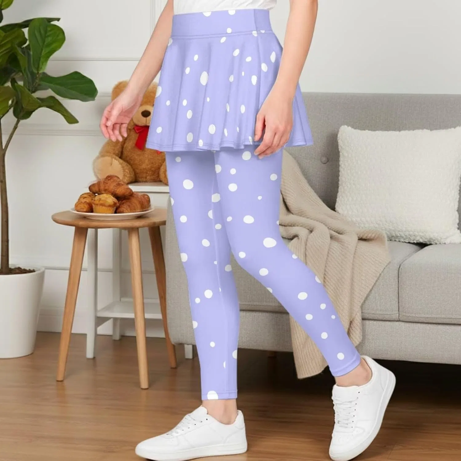 Леггинсы с юбкой для девочек Hresuewn, 2-в-1, White Polka Dot-lavender — фото 3
