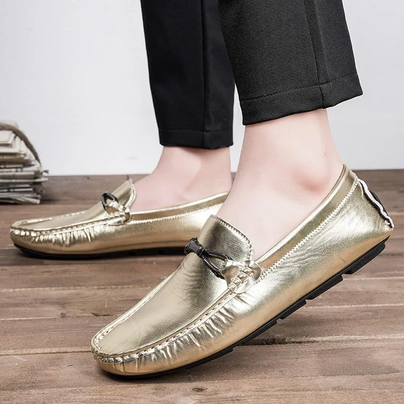 Лоферы кожаные Men's Loafers Faux Leather Shiny Driving Style Loafer Comfortable Anti-Slip Lightweight Walking Slip-ons, Золотистый SayfuR — фото 4