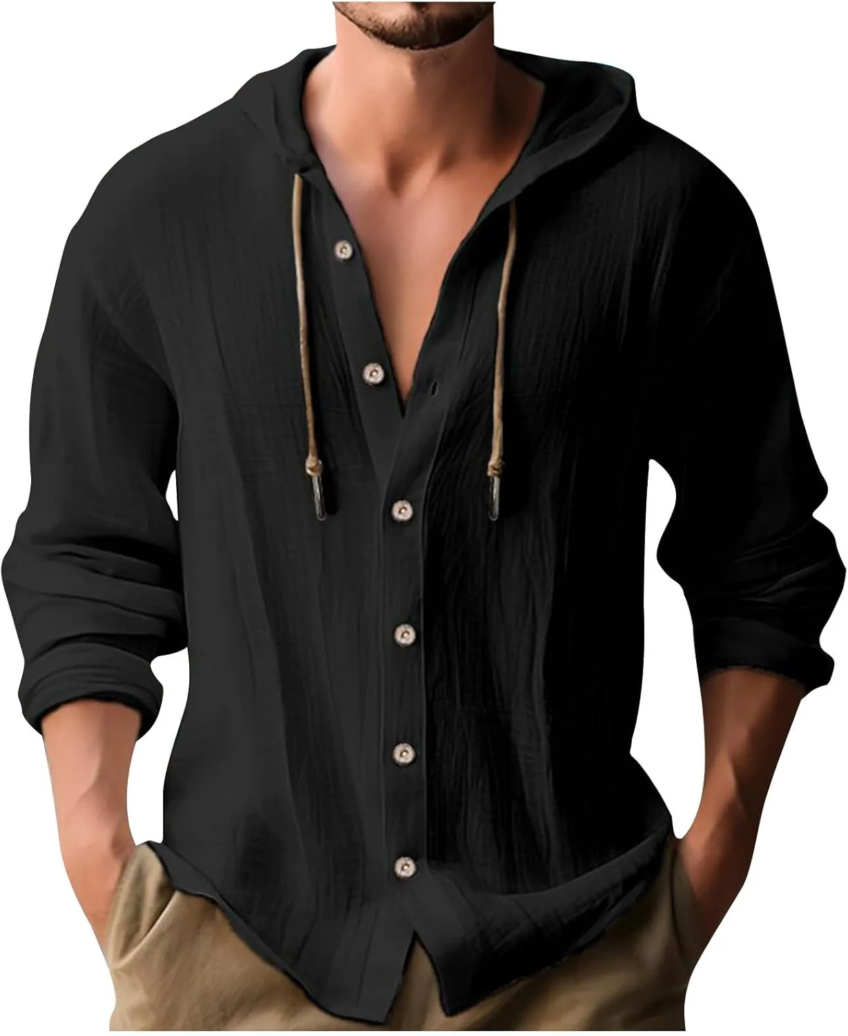 Футболки для мужчин Cotton Linen Button Up Hoodies Loose Solid Pullovers