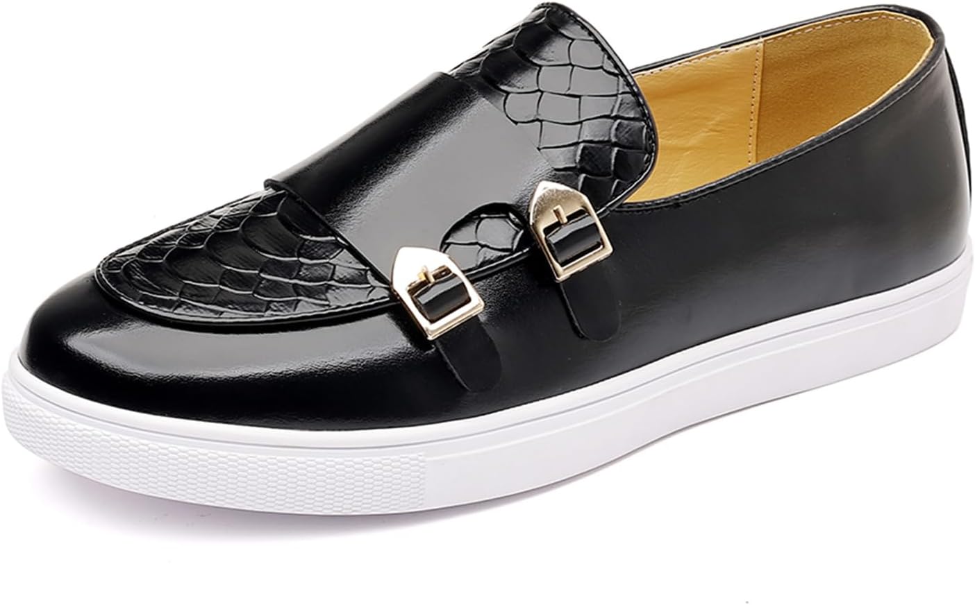 

Мужские кожаные лоферы с двойной пряжкой в стиле Monk, с узором под змеиную кожу, удобные на плоской подошве Tixewsjh, черный