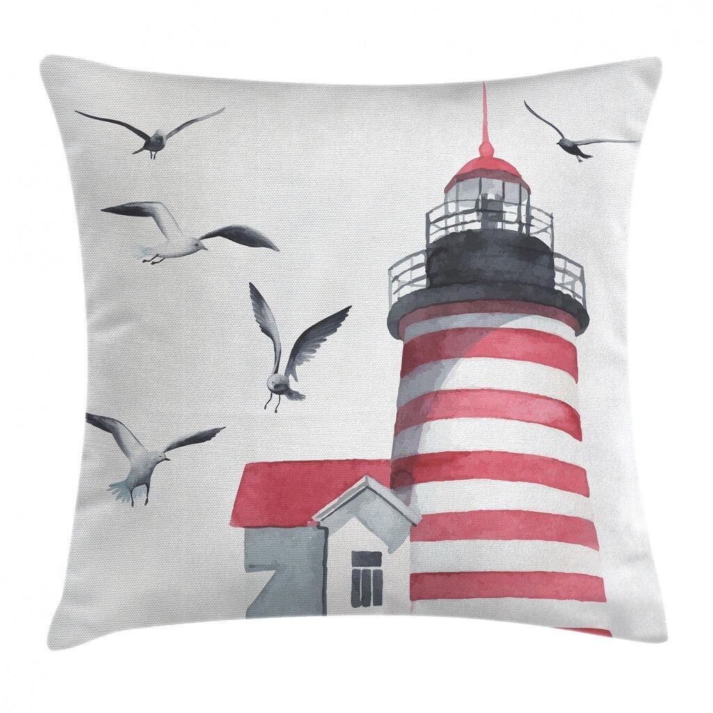

Чехол на подушку ABAKUHAUS Lighthouse, Seagulls Beach Sea, цифровая печать, моющийся, цветная наволочка, молния, двусторонняя печать, 40 x 40 см, бело-серый