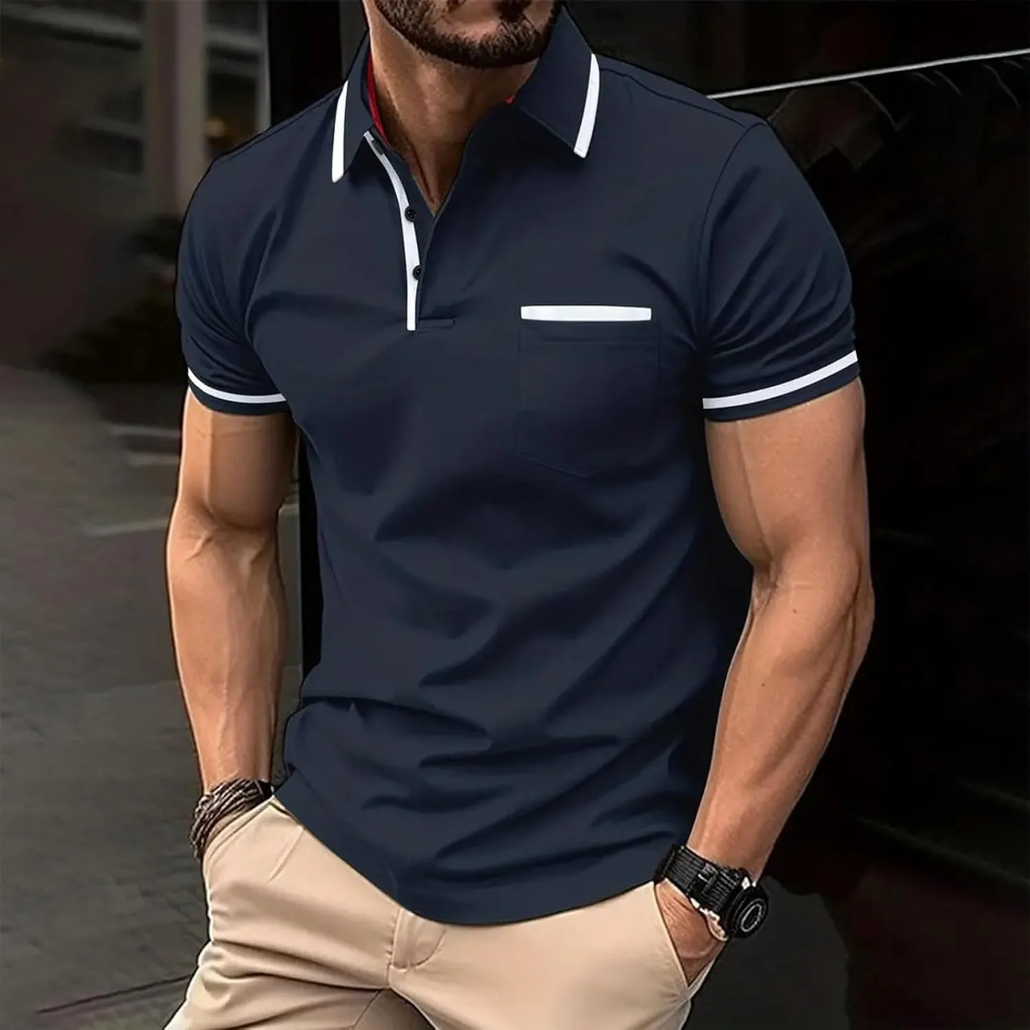 Мужская поло с коротким рукавом Slim Fit, V-образный вырез и карманом — фото 2