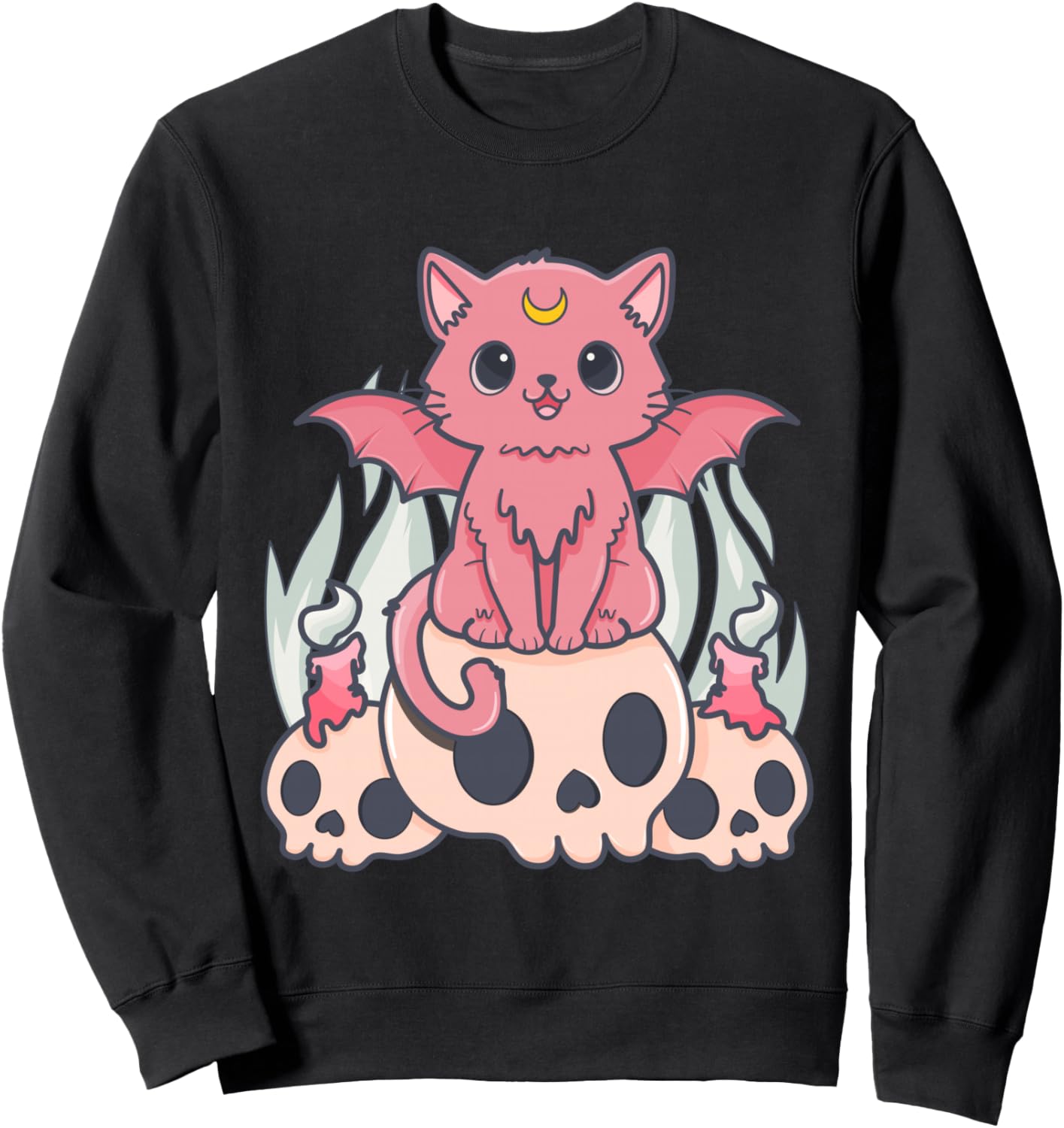 

Милая толстовка в пастельных готических тонах с изображением милого жуткого кота-демона и черепа в стиле аниме Alwinred Pastell Goth Anime Vaporwave Asthetik, черный
