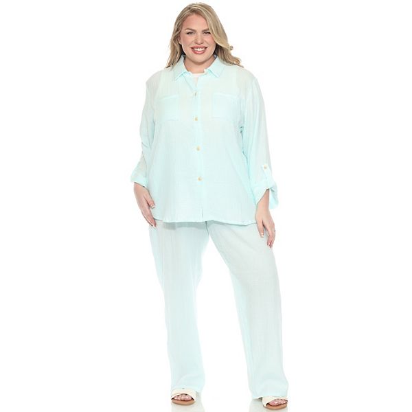 

Комплект из хлопкового муслина с длинными рукавами и пуговицами Plus size Wm Fashion, Mint