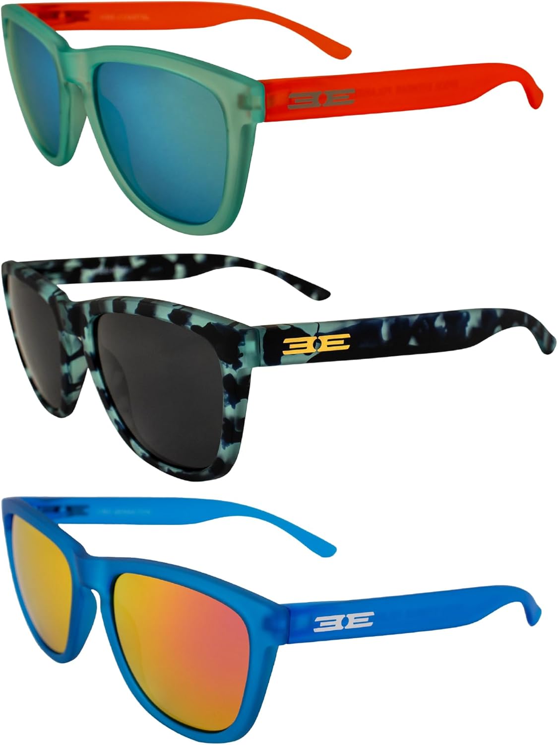 

Поляризованные солнцезащитные очки Epoch Eyewear Vibe для женщин и мужчин, 3 пары: синие с бирюзовыми зеркальными линзами, синие с полупрозрачными линзами и синие с розовыми зеркальными линзами, Blue-teal/Blue-smoke/Blue-pink