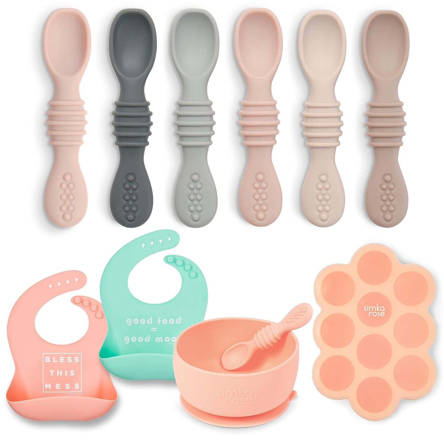 

Подарочный набор Simka Rose Starting Solids Foodie — силиконовые детские ложки, мягкие нагрудники, лоток для заморозки детского питания, набор присосок и ложек — все необходимое для ребенка, которое обязательно должно быть у мамы в первый раз