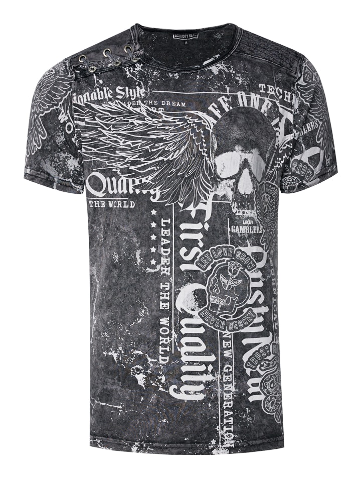 

Выцветшая черная футболка с принтом Летящий череп Rusty Neal, Черный, Выцветшая черная футболка с принтом Летящий череп Rusty Neal