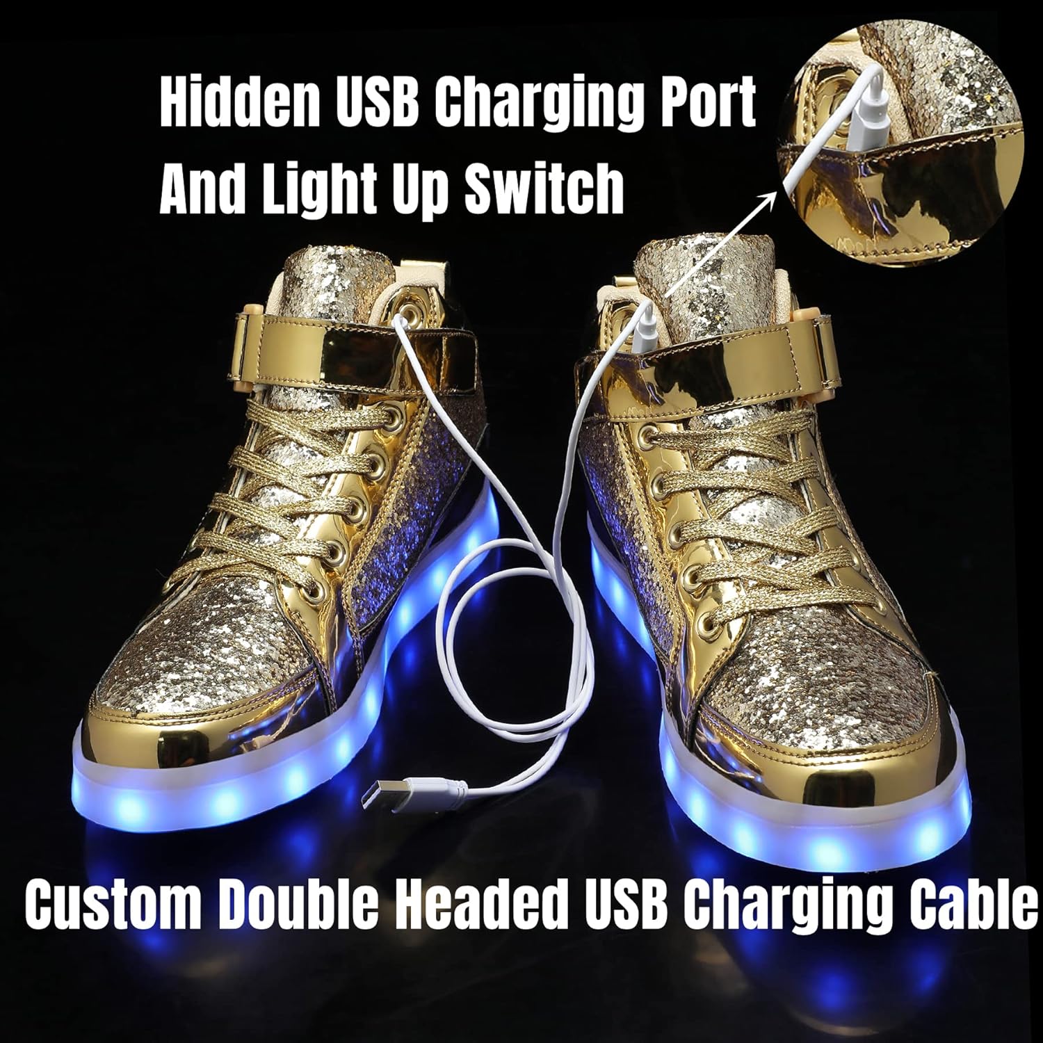 Светящиеся кроссовки IGxx с LED-подсветкой для мужчин, с USB-зарядкой, высокие LED-ботинки для женщин и детей, золотой — фото 4