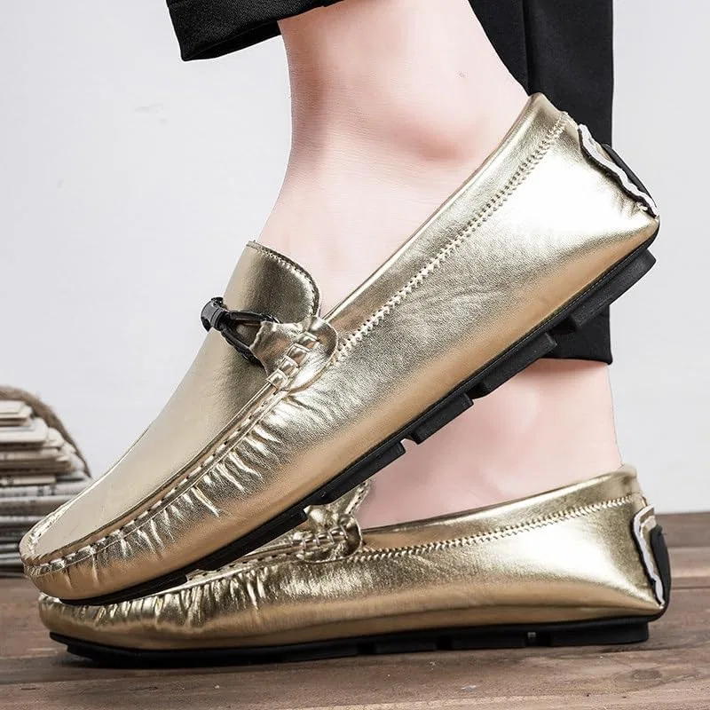 Лоферы кожаные Men's Loafers Faux Leather Shiny Driving Style Loafer Comfortable Anti-Slip Lightweight Walking Slip-ons, Золотистый SayfuR — фото 3