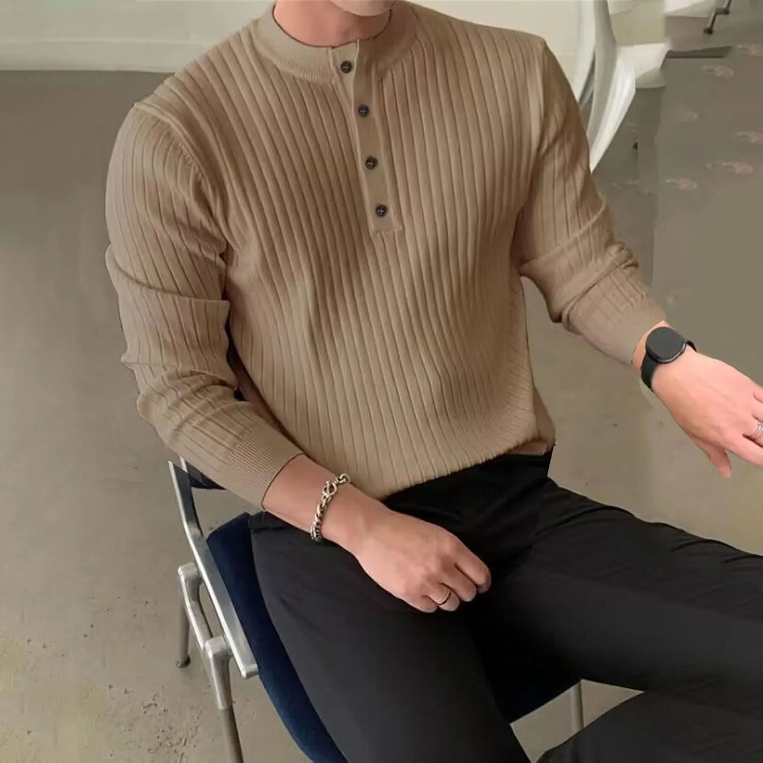 Мужская рубашка с длинными рукавами, легкий трикотажный пуловер, Casual, Slim Fit — фото 2