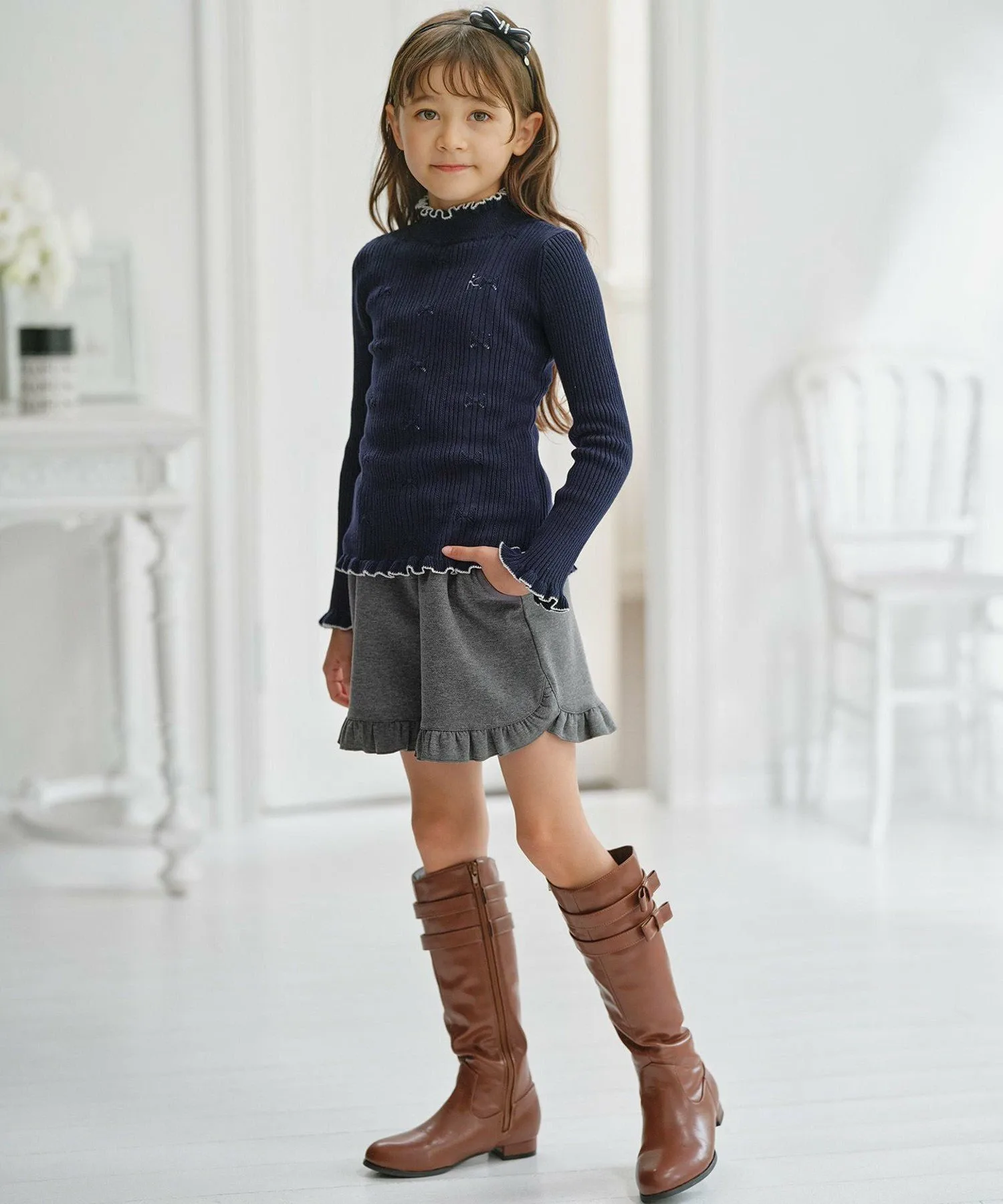 Свитер [110-140 см] Вязание в рубчик Kids Suite, Navy x Off-white [075] — фото 3
