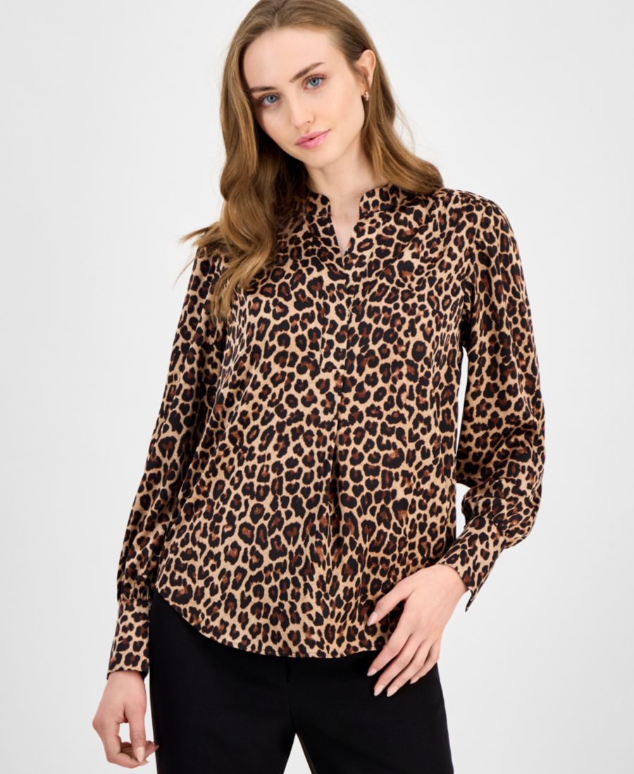 

Женская блузка с V-образным вырезом и плиссировкой с анималистическим принтом Anne Klein, Anne Black Multi