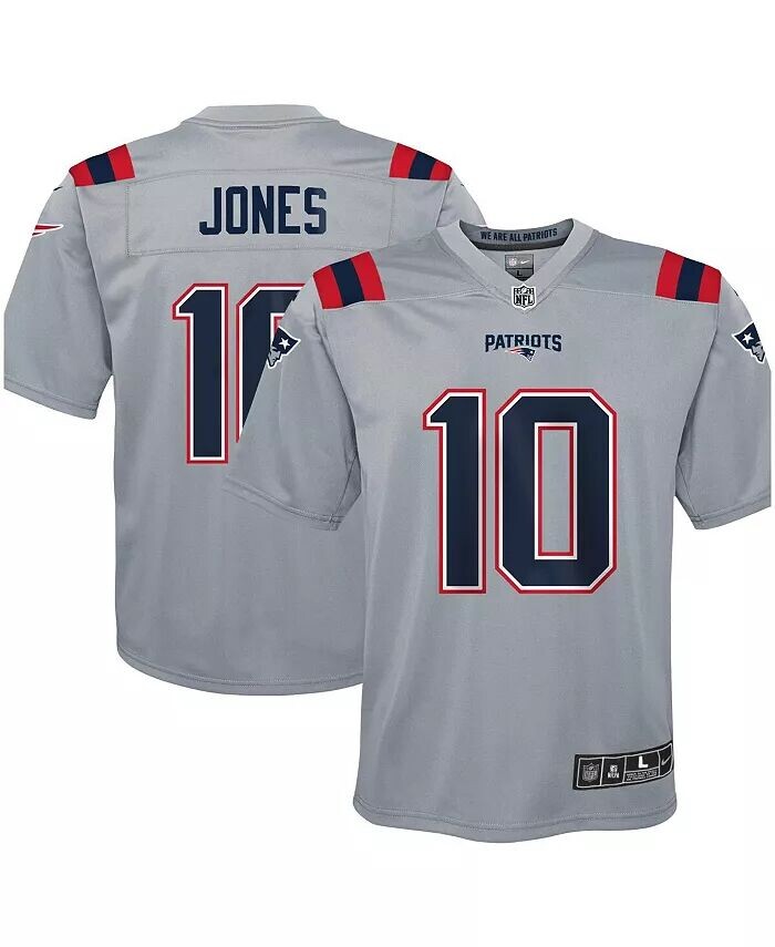 

Серая футболка Big Boys Mac Jones New England Patriots с перевернутой игрой Nike