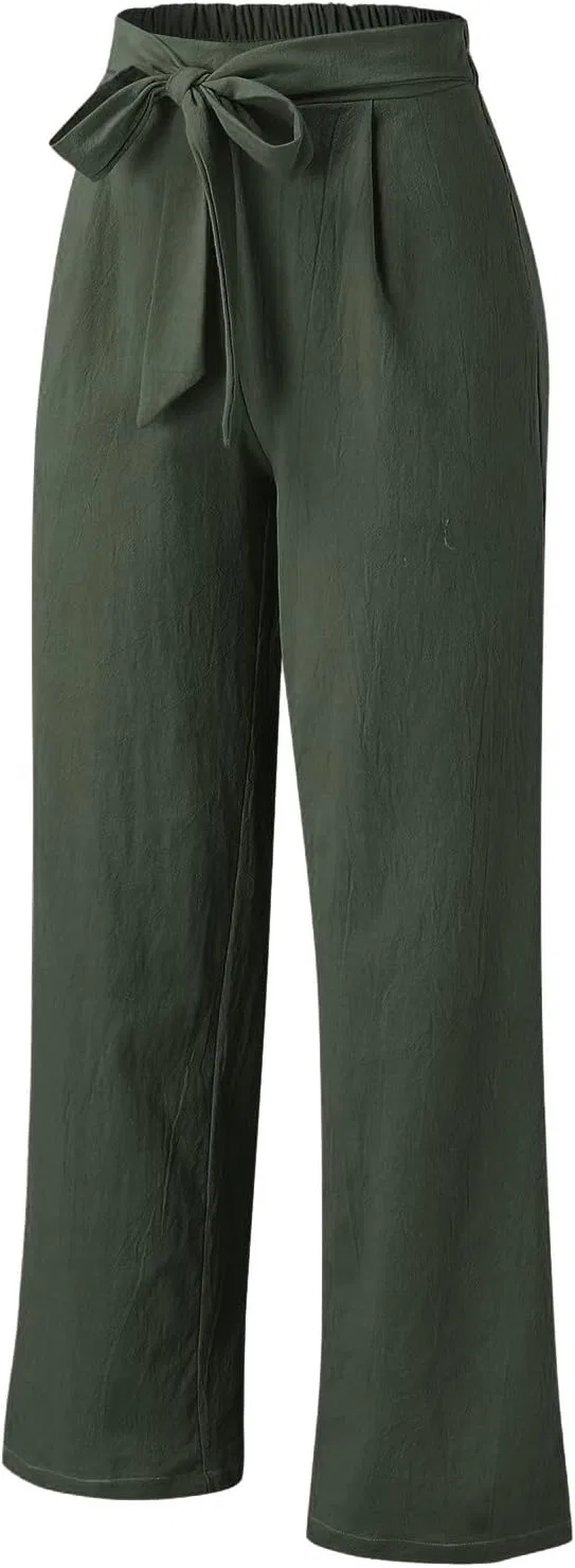 Штаны женские широкие с завязкой, хлопок лен, цвет Army Green — фото 2