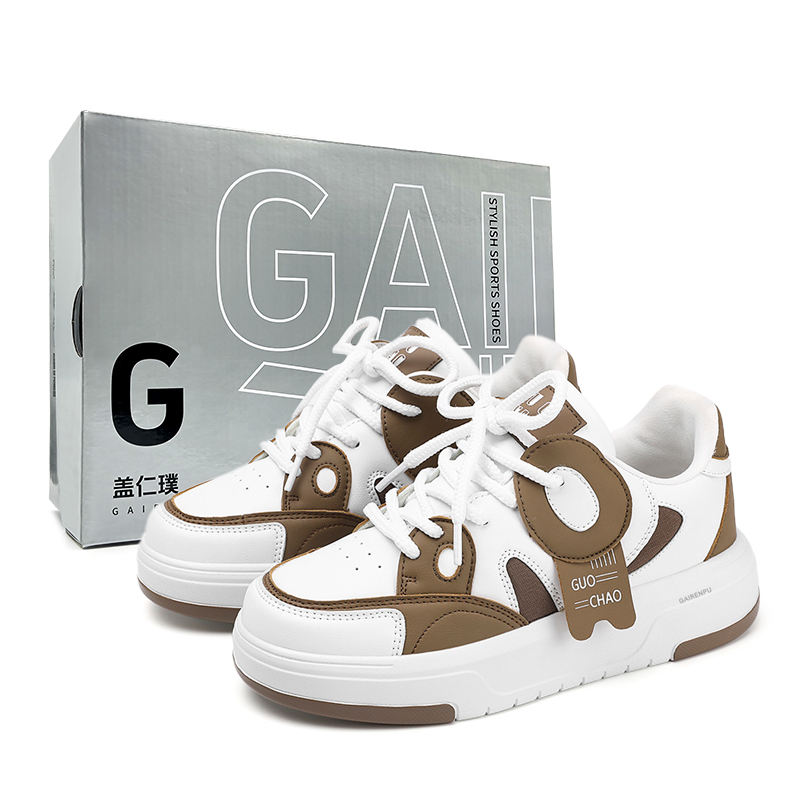 

Gai Renpu Скользоустойчивые амортизирующие износостойкие дышащие увеличивающие рост низкие скейтборд кроссовки мужские бело-коричневые, цвет White Brown Box