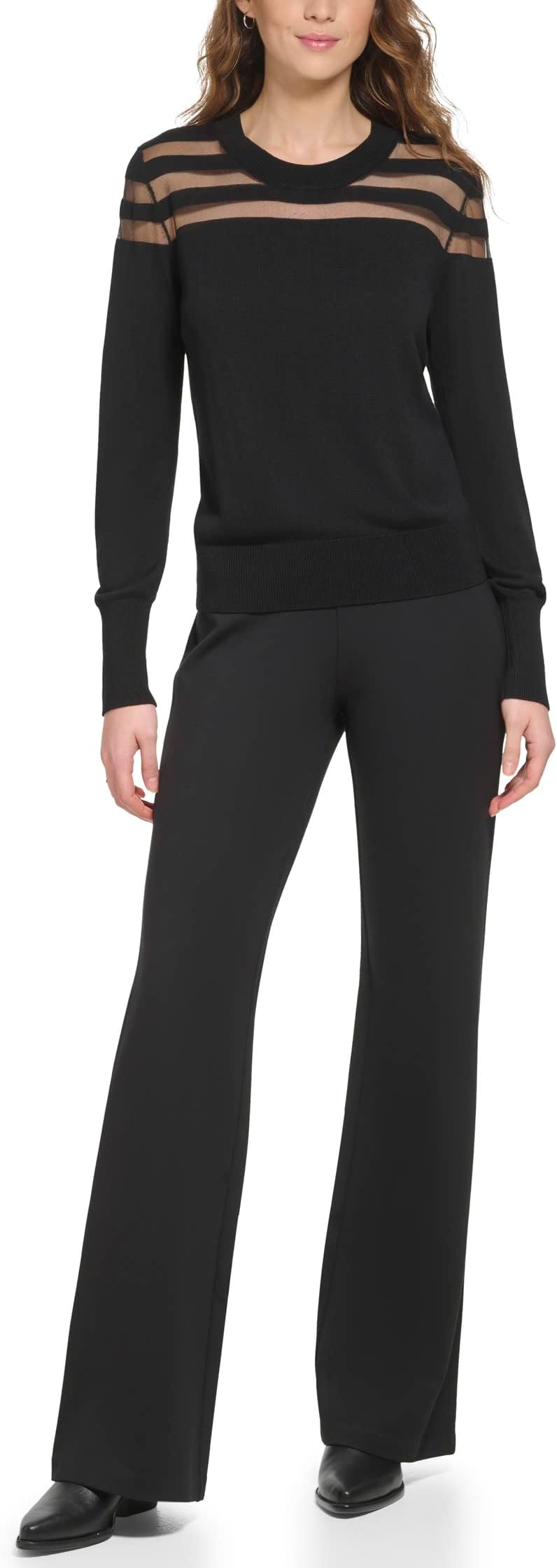 

Свитер DKNY Long Sleeve Crew Neck Stripe Mesh Yoke Sweater, черный