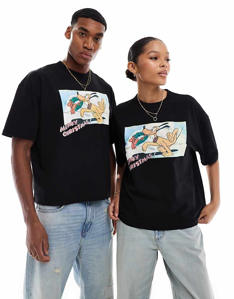 

ASOS DESIGN — Disney — черная объемная футболка свободного кроя с рождественским принтом «Плутон» спереди