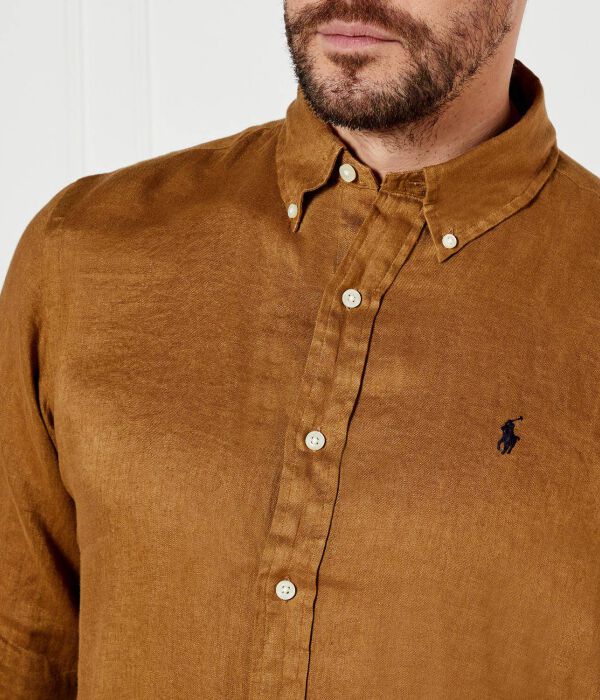 Рубашка мужская Polo Ralph Lauren льняная с логотипом, коричневый — фото 4