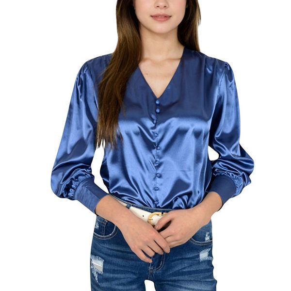 

Женская блуза с длинным рукавом из сатина с декоративными пуговицами и v-образным вырезом Anna-Kaci, Navy