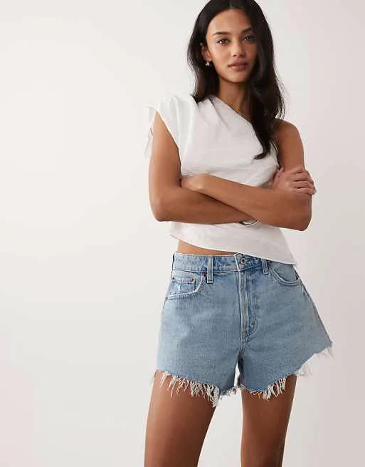 

Синие джинсовые шорты с потертостями и высокой посадкой Abercrombie & Fitch Curve Love