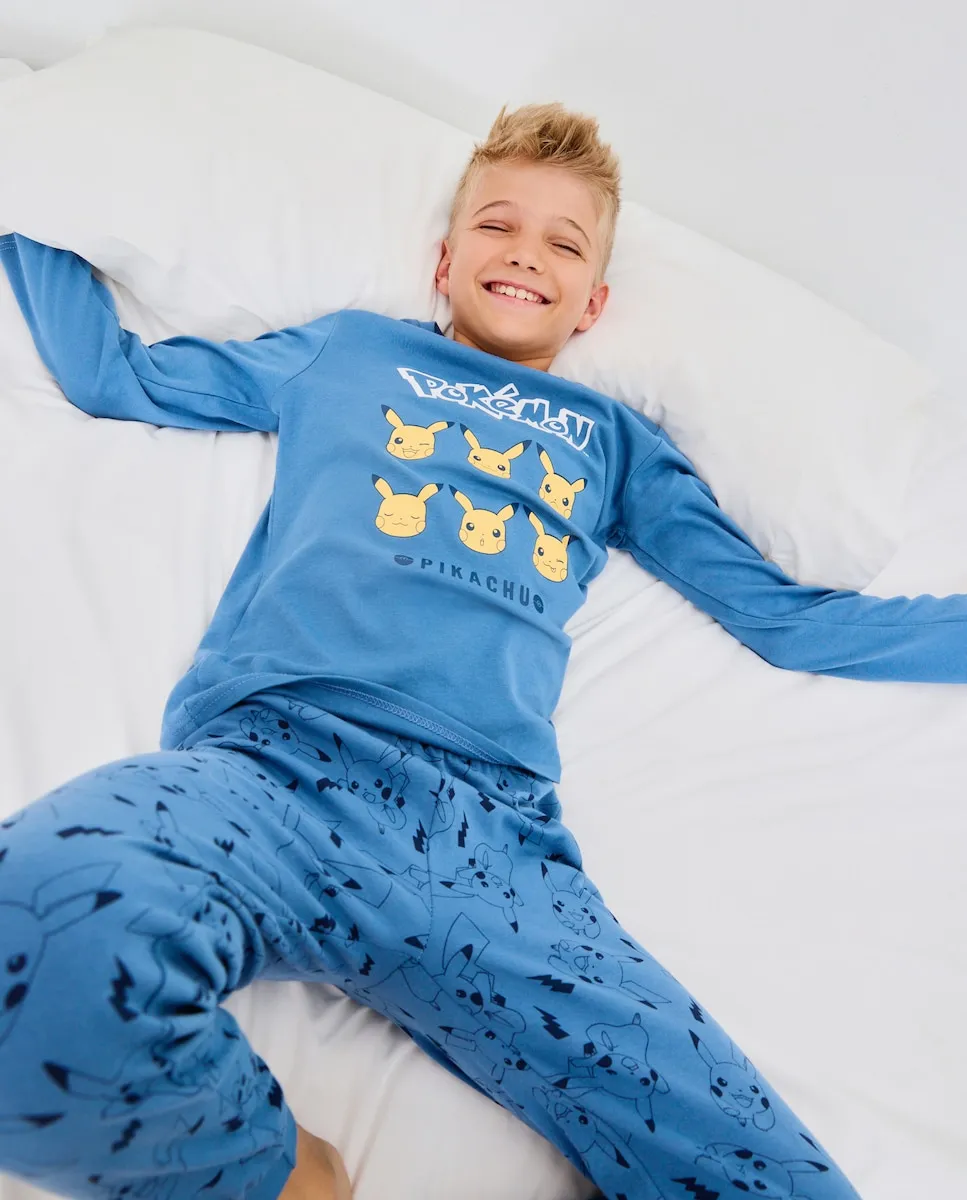 

Полный длинный пижамный комплект с принтом Покемон, лица детей Cotton Juice, темно-синий