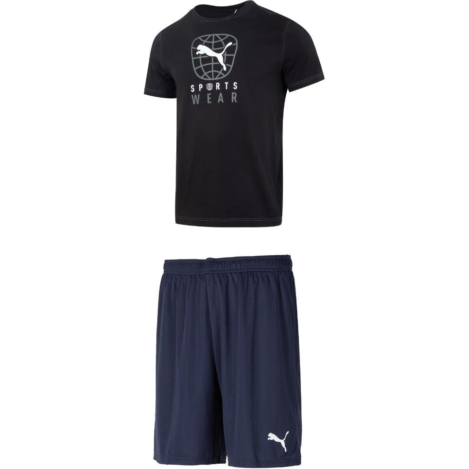 

Повседневный спортивный мужской комплект: черный топ и темно-синие шорты Puma, черный