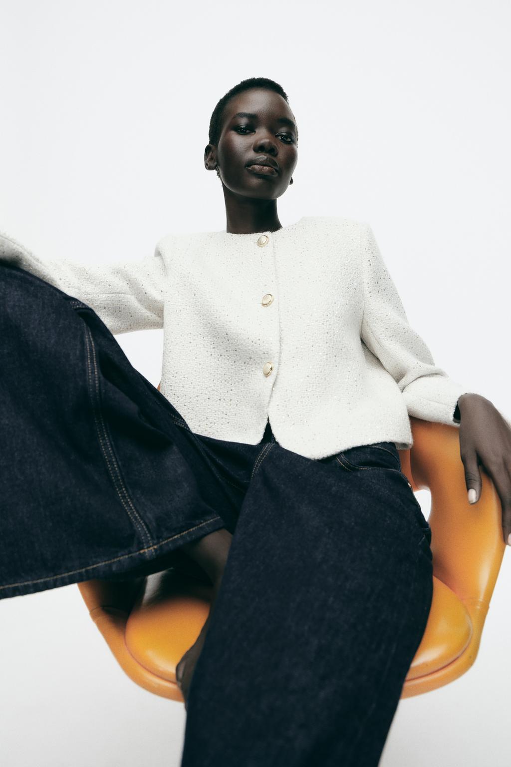 

Текстурированный блейзер с блестками ZARA, экрю