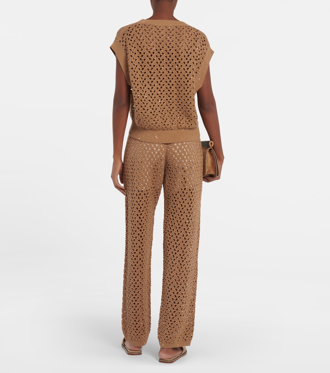 Ажурный топ из хлопка, льна и шелка Brunello Cucinelli, Cammello — фото 3