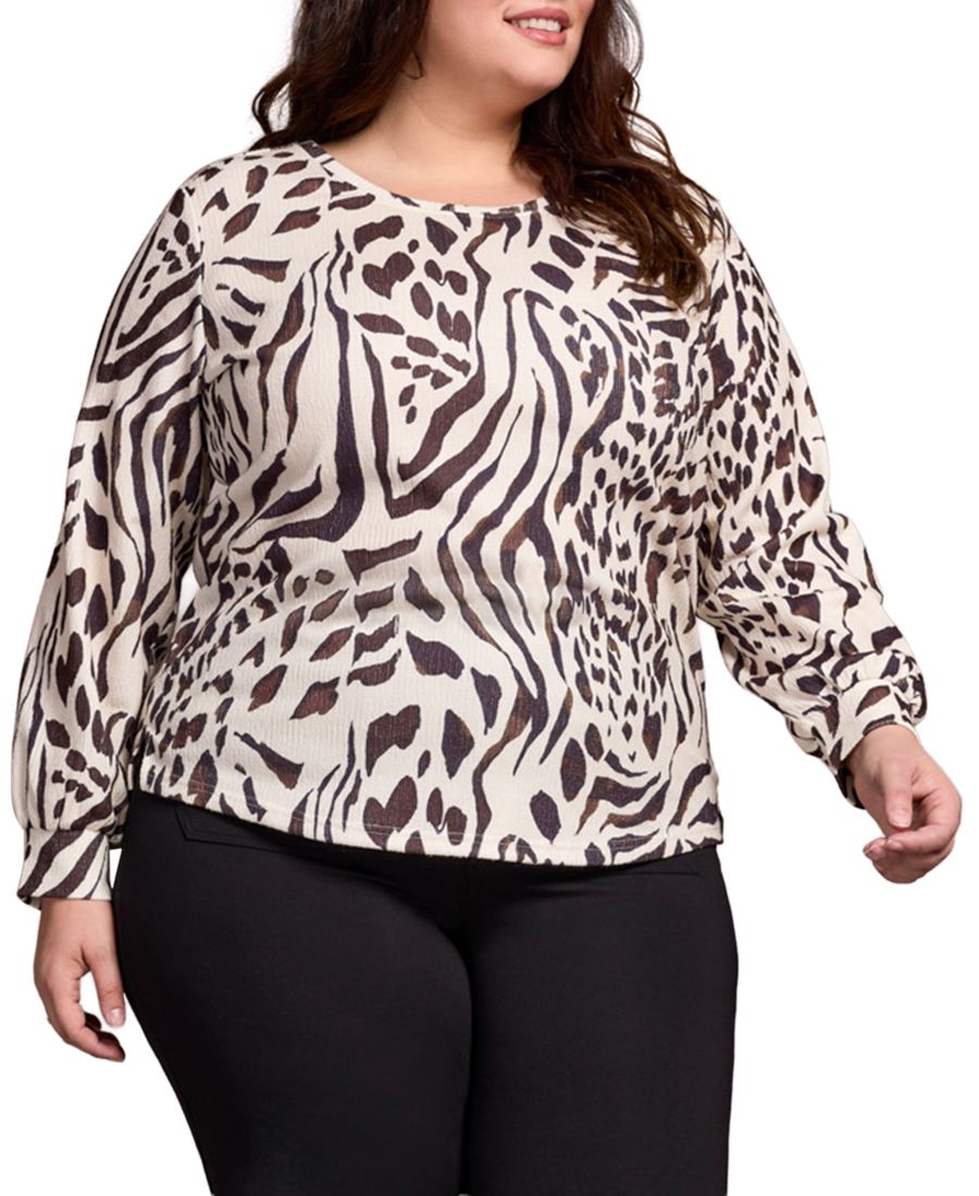 

Вязаный топ больших размеров с принтом, длинными рукавами и круглым вырезом TRIBAL, Walnut