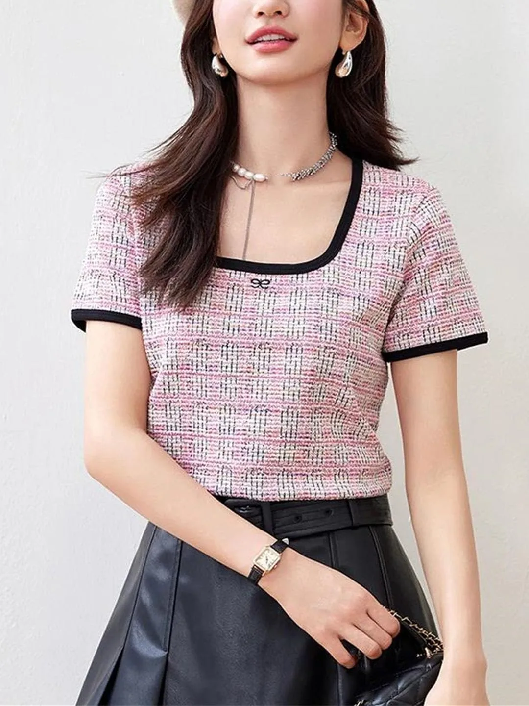 Женская футболка с квадратным вырезом, короткий рукав, Slim Fit — фото 2