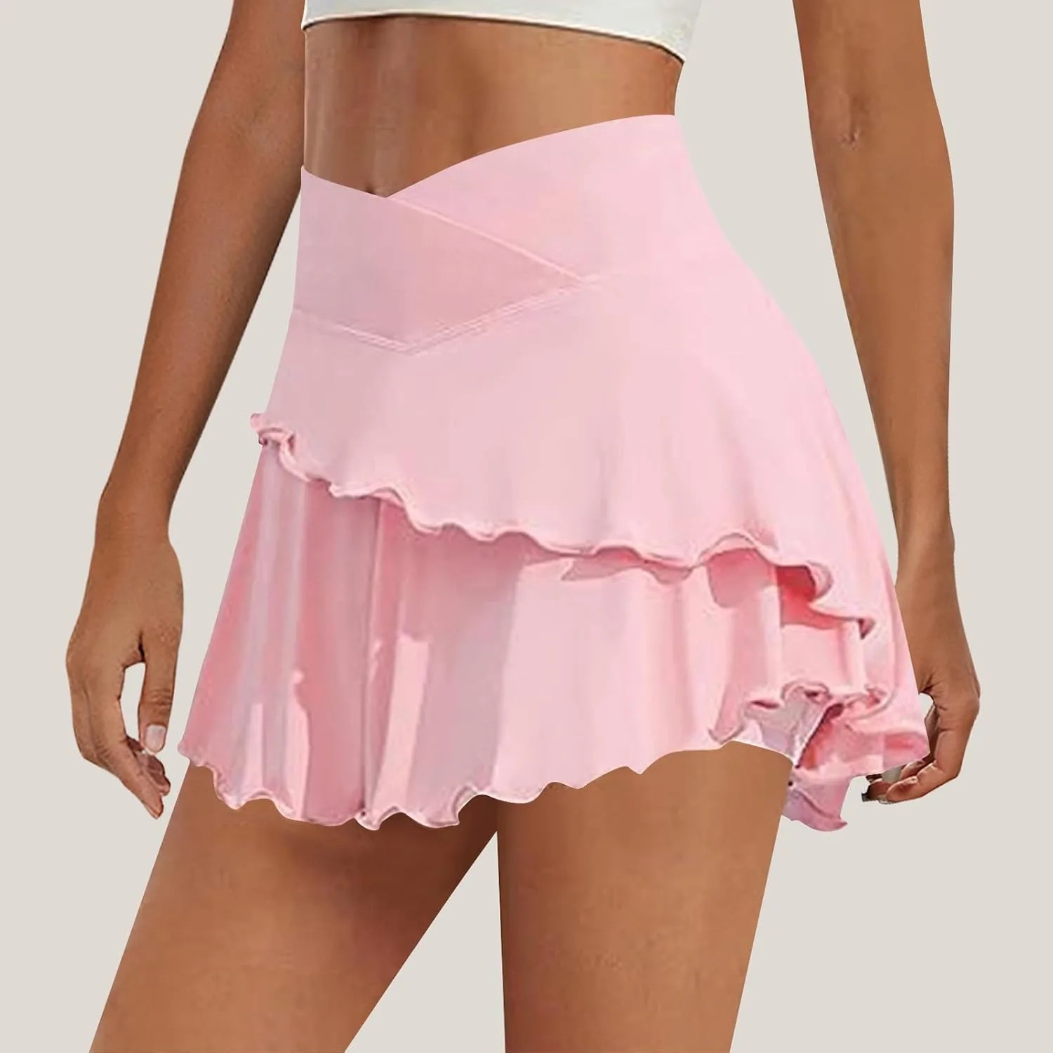 Теннисная юбка для женщин Crossover High Waist Ruffle Double Layer Workout Casual Mini Skirt Athletic Golf Solid Skort Generic, розовый — фото 2