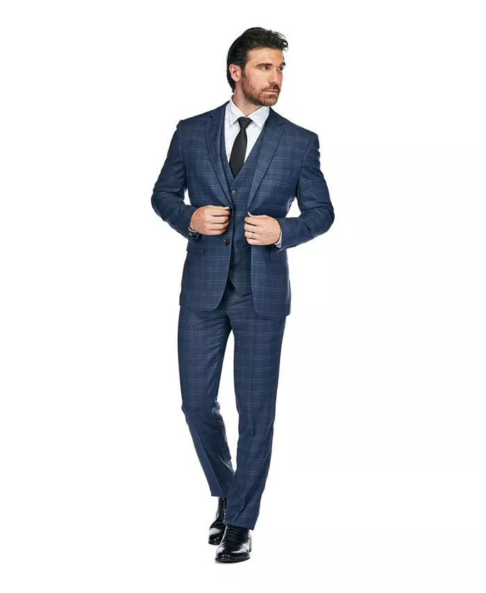 

Стройный синий мужской костюм-тройка в клетку Slim Fit 3PC Tailored Blue Check Gino Vitale